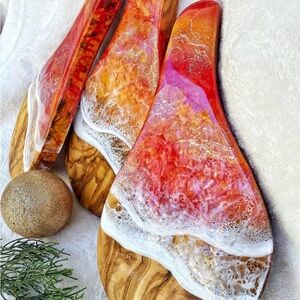 Handmade Maui-Made Olive Wood Serving Board Orange and Gold Resin Waves